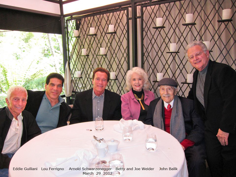 Eddie Giuliani, Lou Ferrigno, Arnold Schwarzenegger, Betty Weider, Joe Weider, John Balik