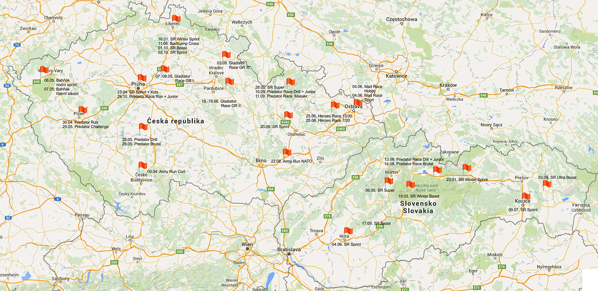 Mapka s vyzna�en�mi m�sty start� v �R a SR v roce 2016