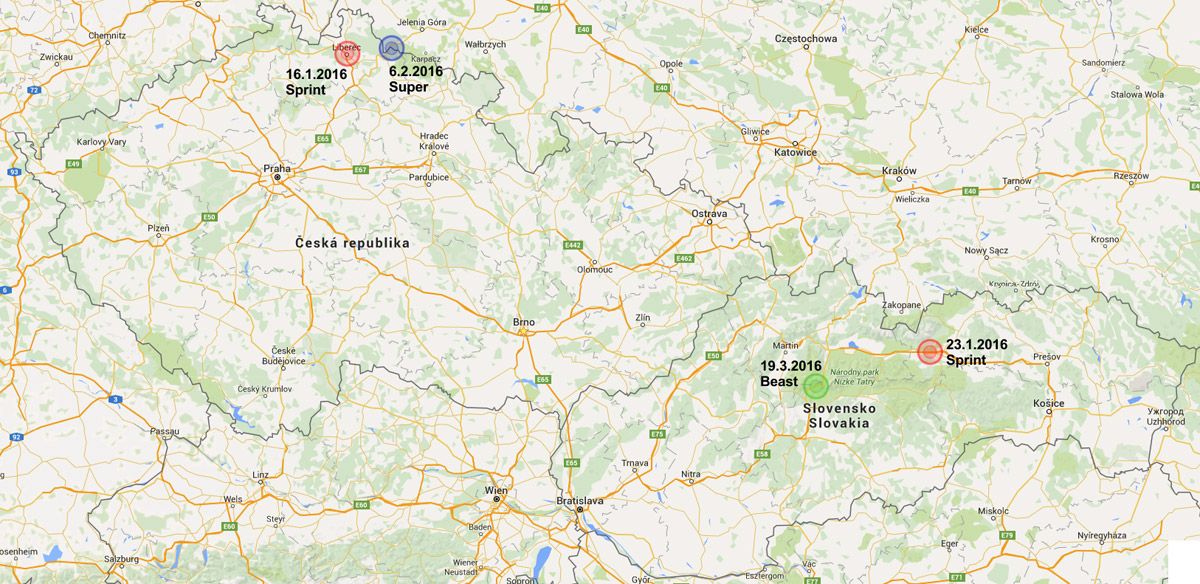 Mapka s vyzna�en�m m�st z�vod� Spartan Race Winter 2016