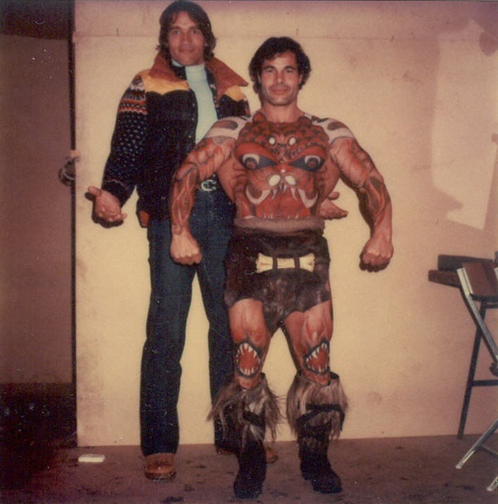�Arnold Schwarzenegger a Franco Columbu p�i nat��en� Barbara Conana�