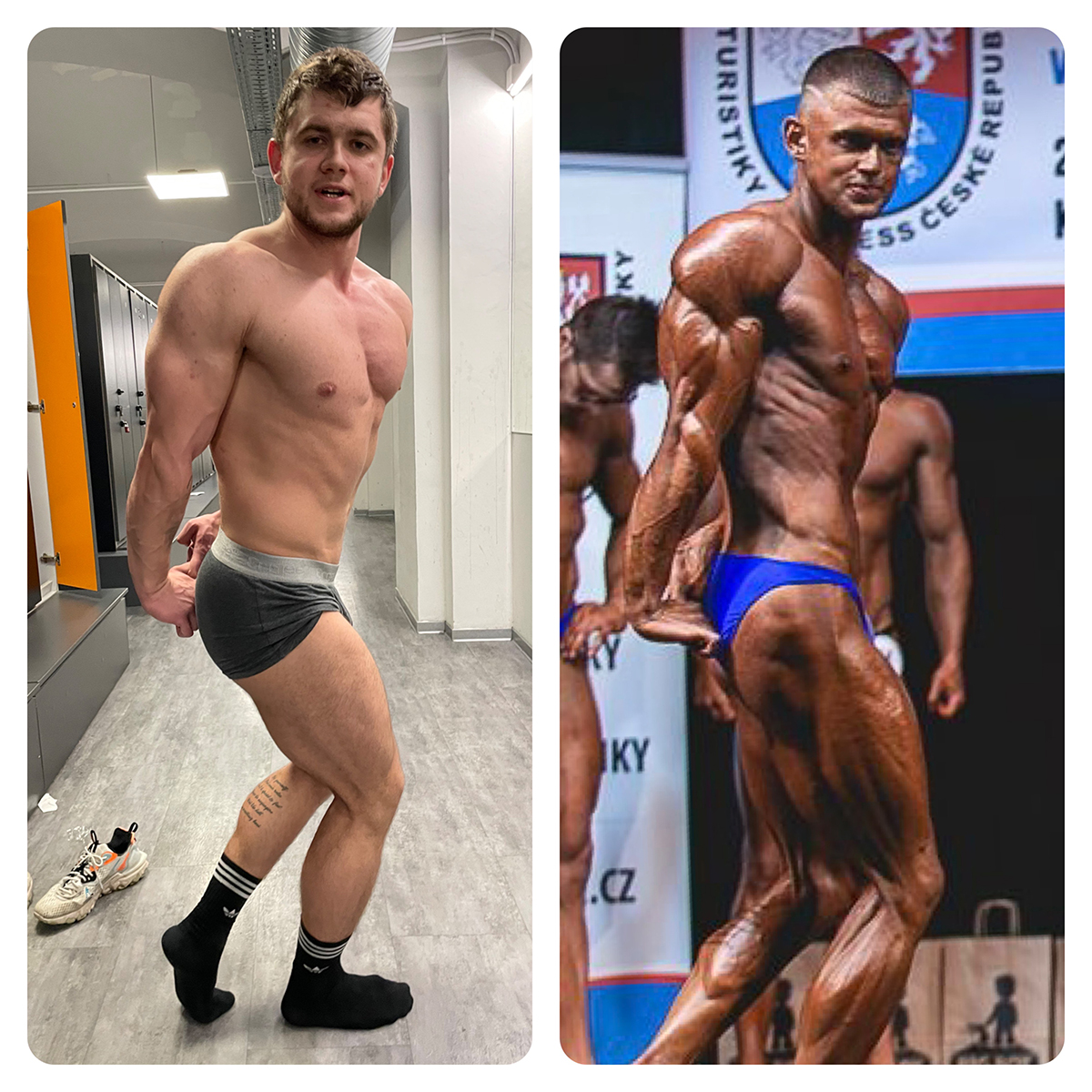 Vlevo: 8. 3. 2022, hmotnost 79 kg, 12 t�dn� do z�vod�. Vpravo: 5. 6. 2022 na M�R, hmotnost 71,2 kg.