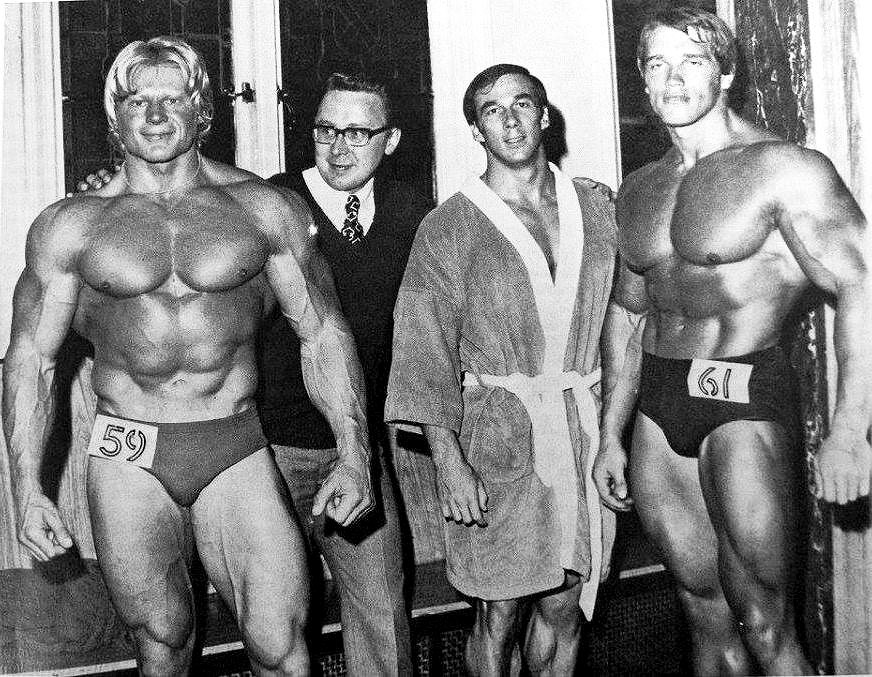 Dave Draper, Albert Busek a Arnold Schwarzenegger - NABBA Mr. Universe 1970